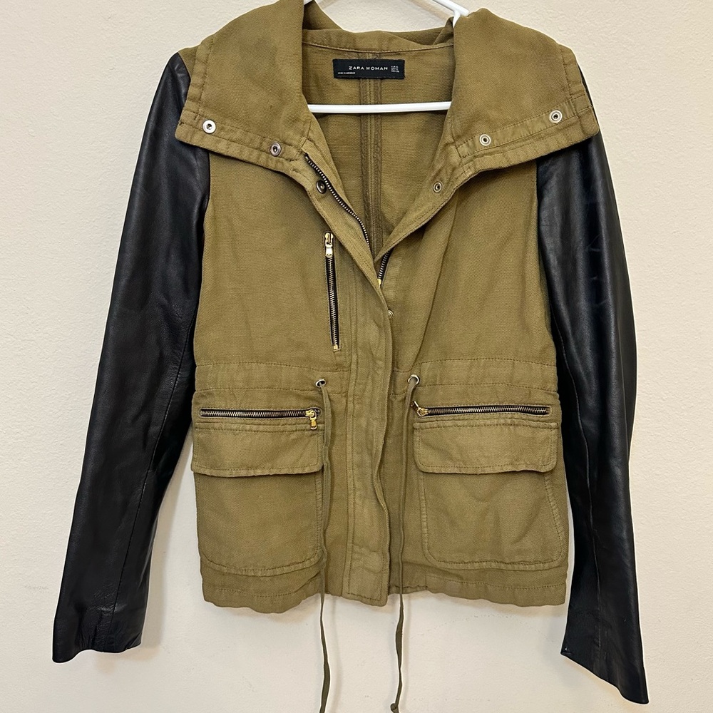ZARA Woman Green Jacket‎ Lamb Leather Sleeves Small